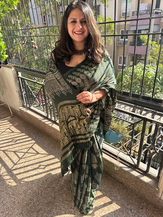 BOTTLE GREEN AJRAKH PRINT MODAL SILK SARI WITH ZARI BORDER