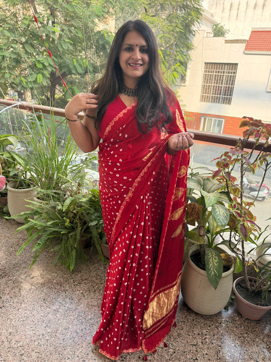 RED MODAL SILK HANDKNOTTED BANDHANI SHIBORI SARI bss-6
