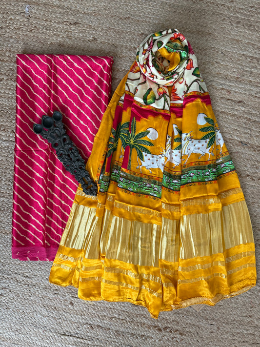 Pink Leheriya mashru silk kurta with patola handcrafted modal silk dupatta