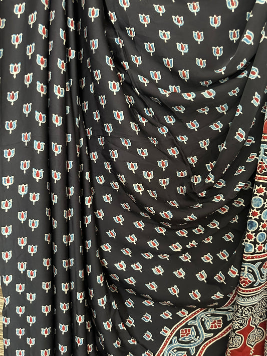 BLACK LOTUS AJRAKH MODAL SILK SARI WITH BORDER