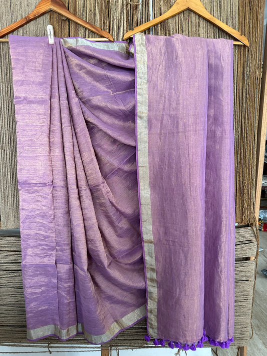 LEVENDER PURPLE GOLDEN METALLIC LINEN SARI WITH WOVEN BORDER & TASSELS ML-2