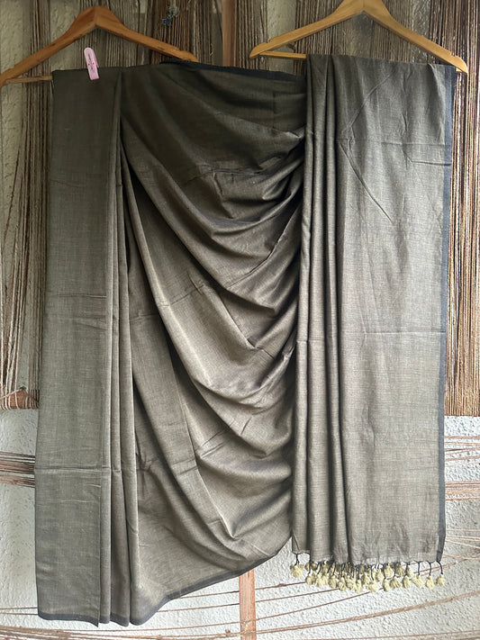 MILITARY GREY COTTON MULL HANDLOOM SARI