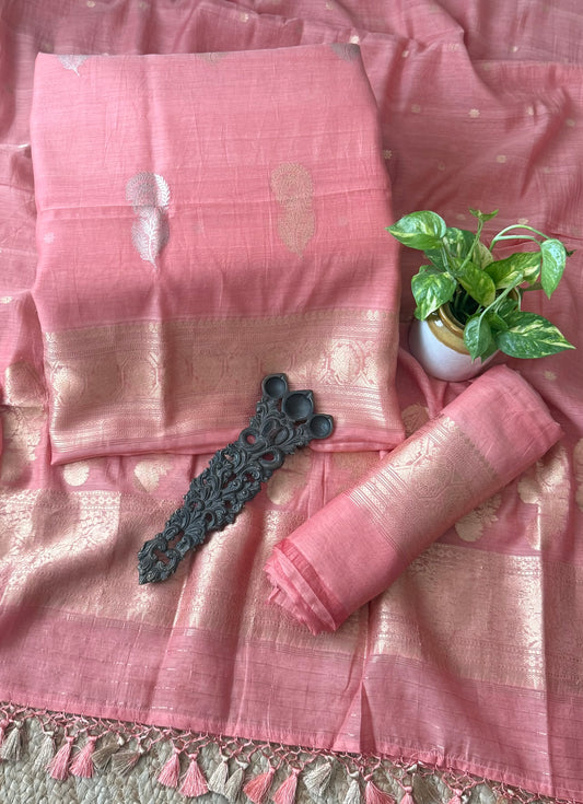 Rosy pink mull cotton certified handloom banarsi kadwa booti three piece suit