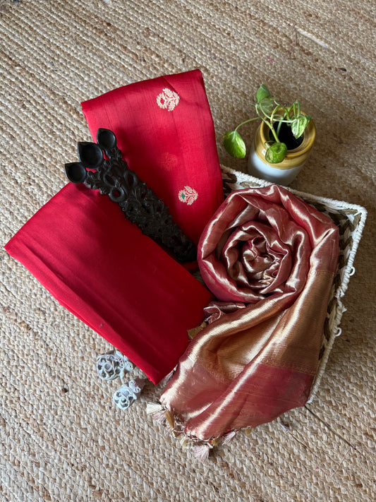 Red Kora Silk Certified Handloom Banarsi Kadwa Booti Three Piece Suit CBS-58
