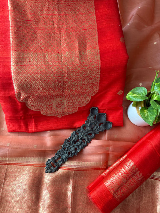 VERMILION RED RAW SILK CERTIFIED HANDLOOM BANARSI KADWA BUTTI WITH WOVEN ZARI THREE PIECE SUIT