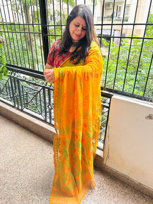 GOLDENROD YELLOW MULL HANDLOOM COTTON JAMDANI WOVEN SARI
