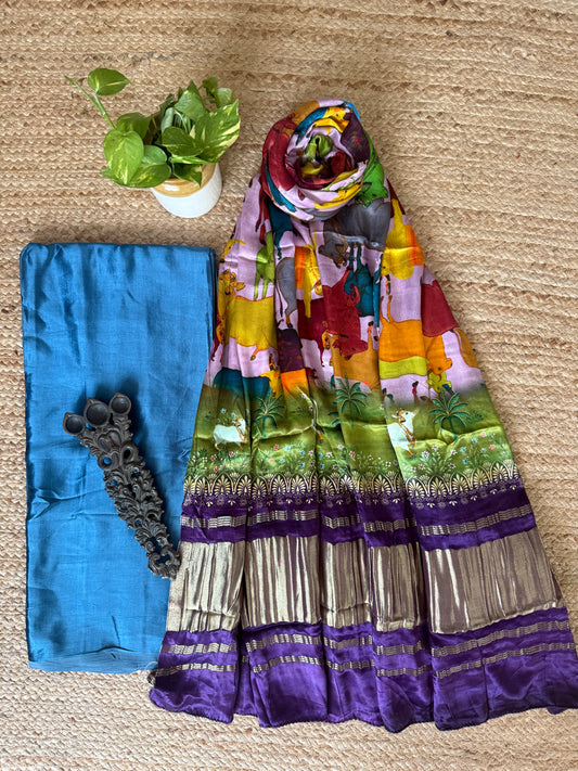 Sky Blue Solid mashru silk kurta with Pichwai patola handcrafted modal silk dupatta