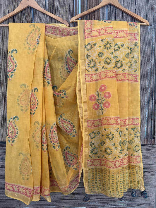 GOLDEN MARGUERITE YELLOW KOTA DORIA HANDBLOCK SARI