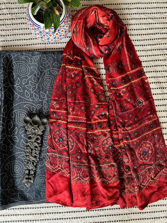 BLACK MASHRU SILK KURTA WITH AJRAKH EMBROIDERY HANDCRAFTED MODAL SILK DUPATTA PS-10130