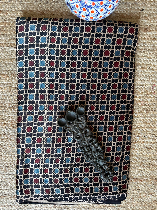 BLACK MASHRU AJRAKH HANDCRAFTED SILK FABRIC