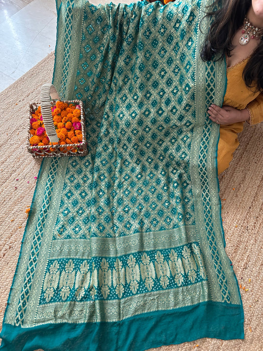 Sea Green Handwoven NeemZari Bareek Bandhani in Khaddi Georgette dupatta BD-107