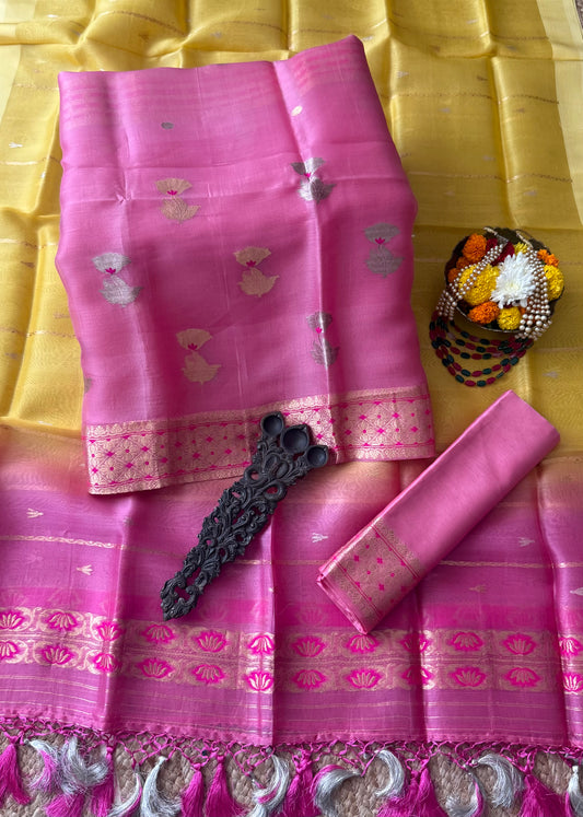 Salmon Pink Ombré Shade kora silk certified handloom banarsi kadwa booti meenakari three piece suit