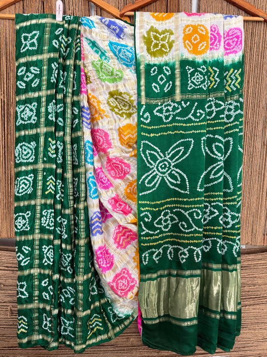 GREEN & MULTI COLOUR GAJJI SILK GHARCHOLA RAI BANDHANI GAJJI SARI BS- 2013