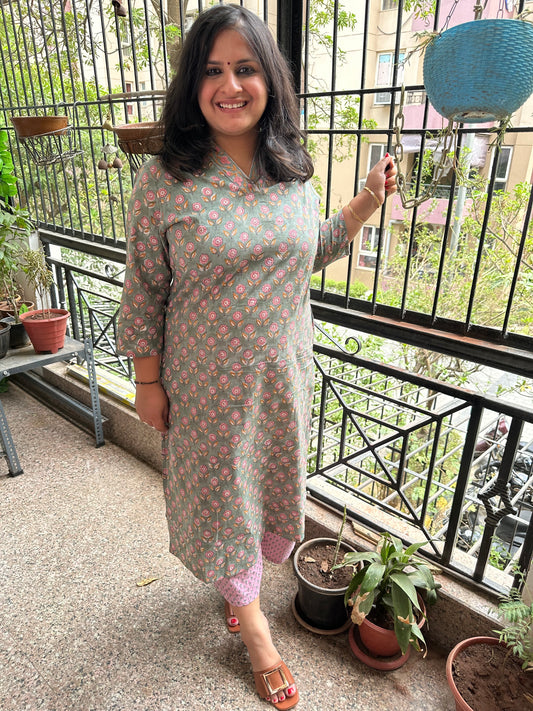 GREEN COTTON HANDBLOCK HANDCRAFTED KURTA WITH BORDER