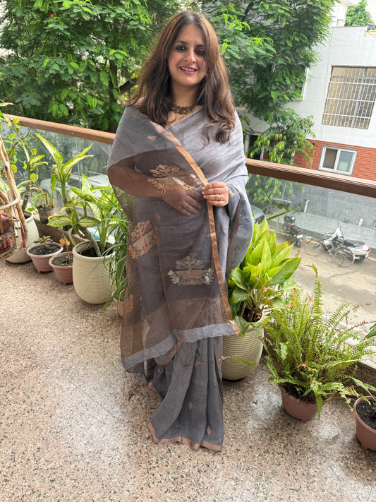 METAL GREY COPPER TISSUE LINEN JAMDANI HANDWOVEN SARI WITH ELEGANT WOVEN MOTIFS