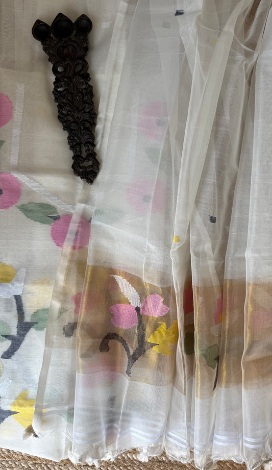 All WHITE HANDWOVEN JAMDANI PURE MUSLIN SILK KURTA SET MJK-105