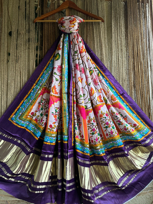 Purple cream Pichwai Modal Silk Dupatta