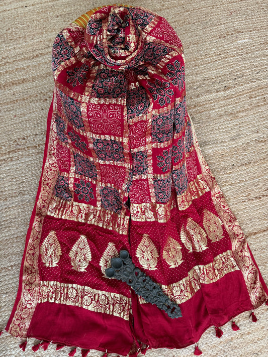 CRIMSON RED MODAL SILK AJRAKH HANDCRAFTED GHARCHOLA DUPATTA WITH AJRAKH PRINT IN NAKSHI BORDER