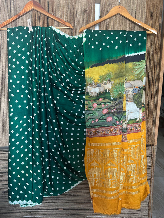 GREEN MODAL SILK BANDHANI SARI WITH PICHWAI PRINT BPS 32