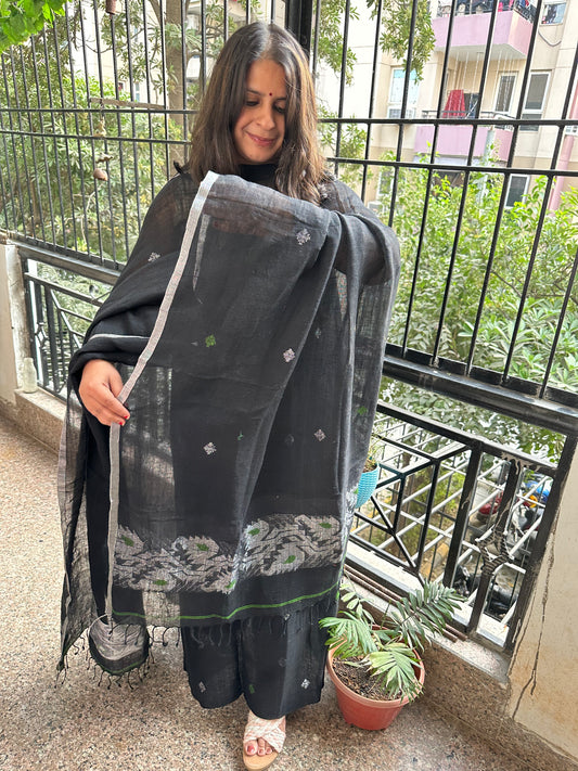 BLACK WOVEN LINEN KURTA SET LJS- 1010