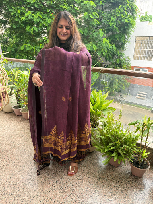 WINE PURPLE LINEN ZARI JAMDANI HANDWOVEN KURTA SET