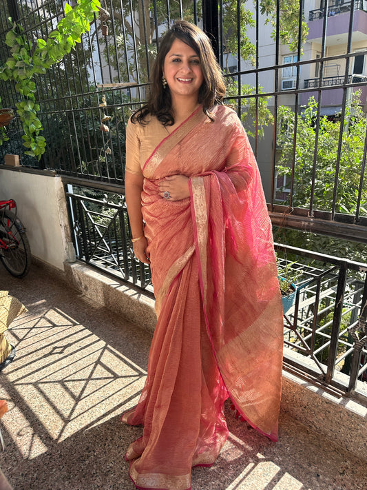 Rose pink banarasi zari crushed tissue sari