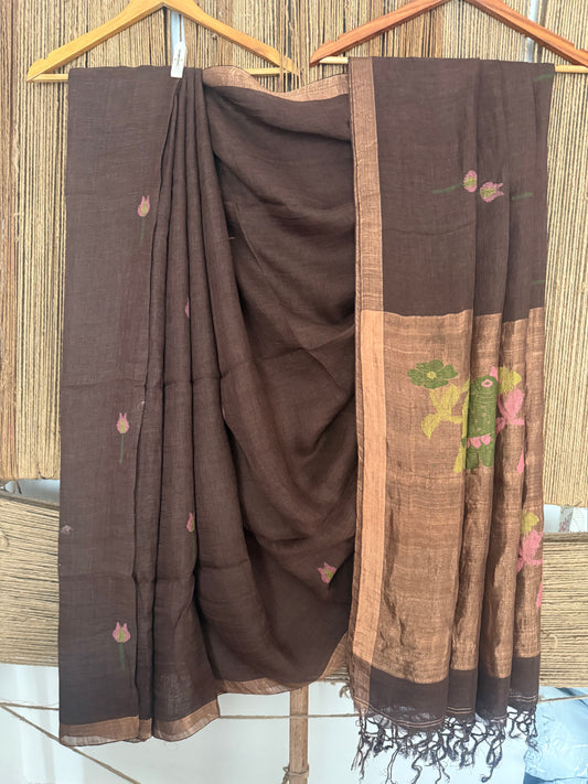COFFEE BROWN HANDWOVEN JAYSHREE LINEN JAMDANI SARI