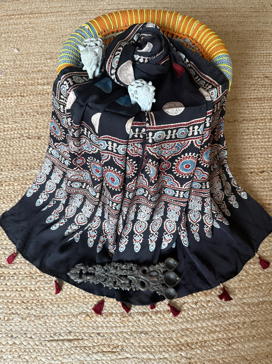 BLACK AJRAKH MODAL SILK HANDCRAFTED STOLE