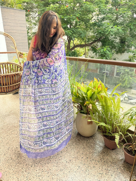 Purple Georgette doria handblock sari