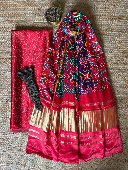 RED SOLID MASHRU SILK KURTA WITH PATOLA PICHWAI HANDCRAFTED MODALSILK DUPATTA PS-242