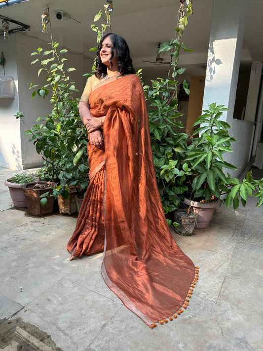 012 RUST METALLIC LINEN SARI WITH WOVEN BORDER & TASSELS ML-54