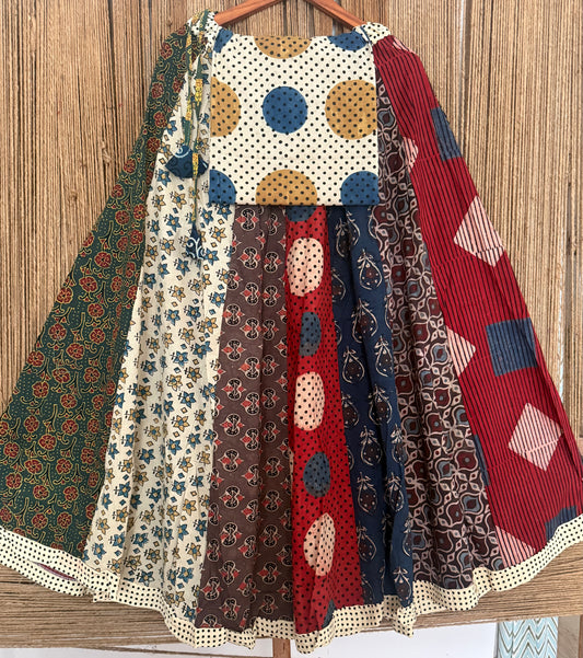 Multi Ajrakh Cotton blouse-with Cotton patchwork handcrafted Ajrakh Cotton Skirt