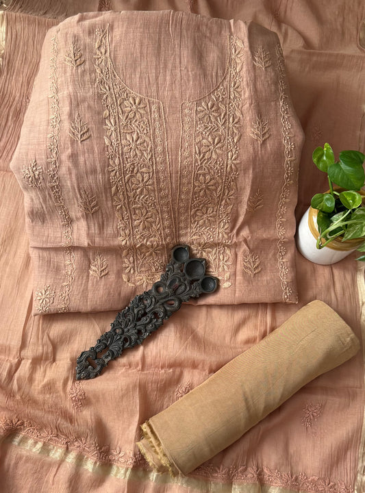 Tortilla premium chanderi cotton lucknowi chickenkari hand embroidery three piece suit