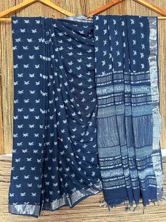 INDIGO AKOLA LINEN ZARI WOVEN HANDBLOCK SARI