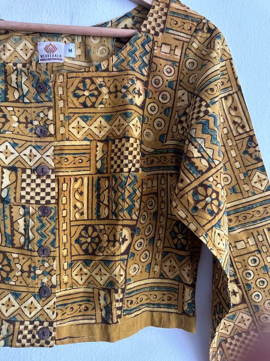 MUSTARD AJRAKH COTTON BLOUSE BLOUSE WITH WOODEN BUTTON
