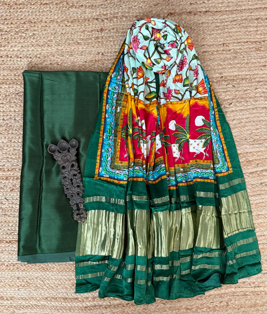 Green patola mashru silk kurta with patola pichwai handcrafted modalsilk dupatta