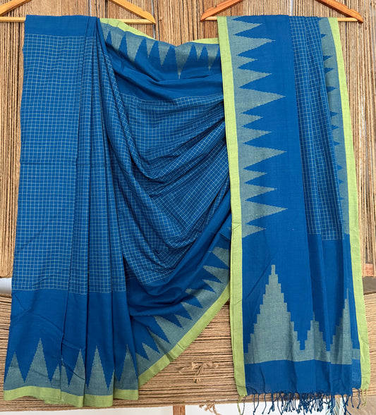 Royal blue handloom cotton needle jamdani wove sari