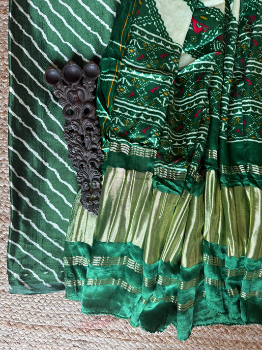 GREEN LEHERIYA MASHRU SILK KURTA WITH PATOLA HANDCRAFTED MODAL SILK DUPATTA