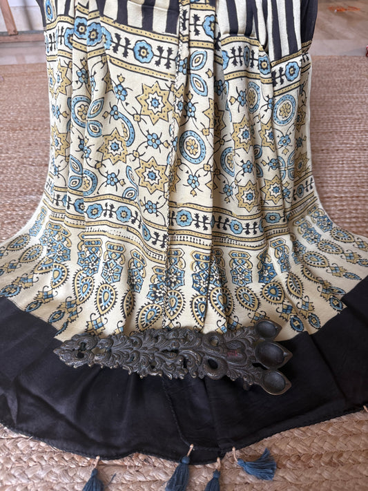 BEIGE GOLDEN AJRAKH MODAL SILK HANDCRAFTED STOLE