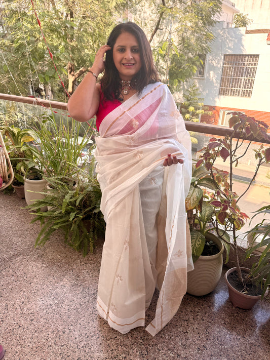 Ivory cream chanderi butta weave silk handloom sari