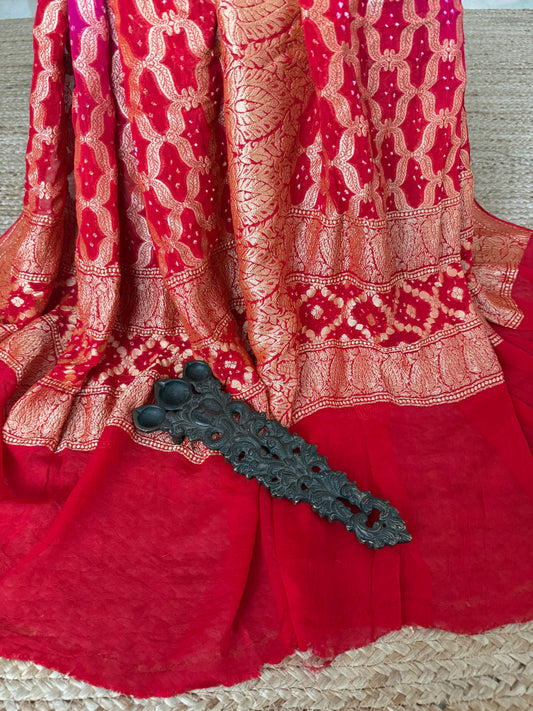 Red & Pink handwoven neemzari bareek bandhani in khaddi georgette dupatta