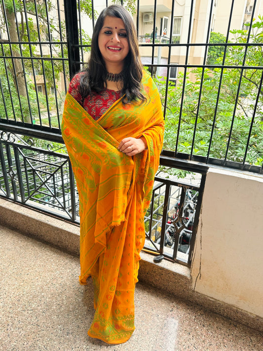 GOLDENROD YELLOW MULL HANDLOOM COTTON JAMDANI WOVEN SARI