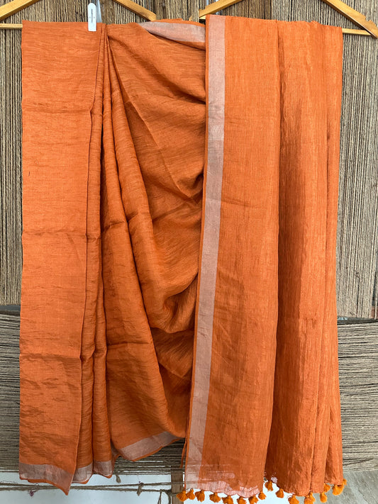 TANGERINE ORANGE COPPER METALLIC LINEN SARI WITH WOVEN BORDER AND TASSELS ML-62