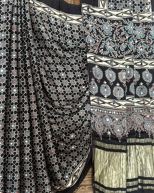 SABLE BLACK AJRAKH HANDCRAFTED MIRROR WORK MODAL SILK SARI WITH ZARI PALLU