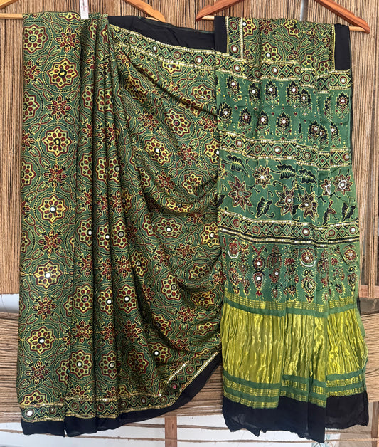 HUNTER GREEN AJRAKH HANDCRAFTED MIRROR AND SEQUENCE WORK MODAL SILK SARI WITH ZARI PALLU