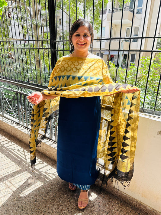 INDIGO MODAL SILK KURTA WITH CHANDERI COIN BUTTI HANDCRAFTED CHANDERI SILK DUPATTA WITH ZARI BORDER