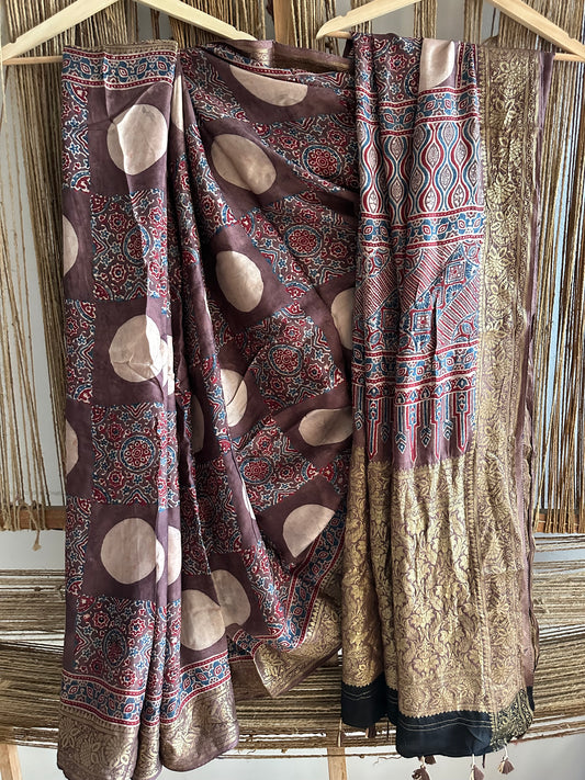 CHIKOO BROWN DOLA SILK AJRAKH ZARI BORDER SARI