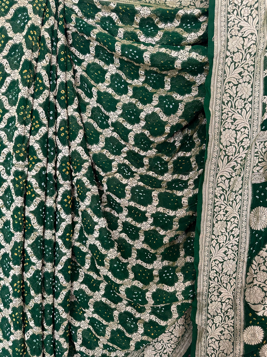 Hunter Green Handwoven Neem Zari Bareek Bandhani Saree with Khaddi Georgette BS- 3