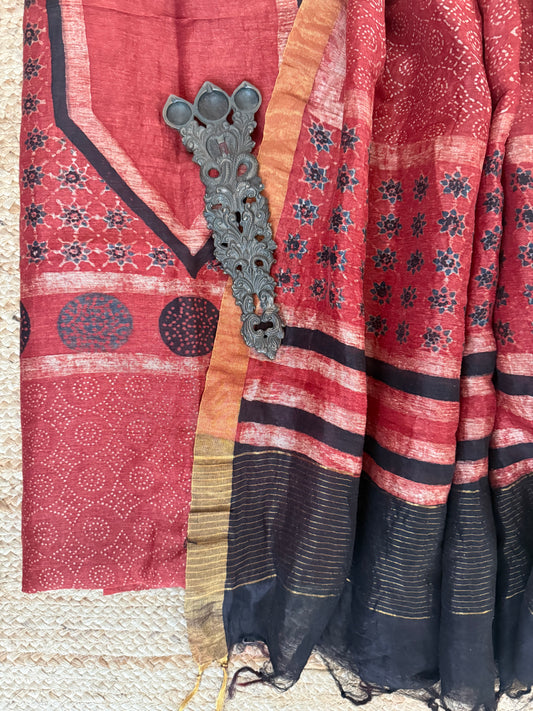 HERTIAGE GALA BUTTA AJRAKH LINEN SILK HANDBLOCK SUIT SET AL-1014