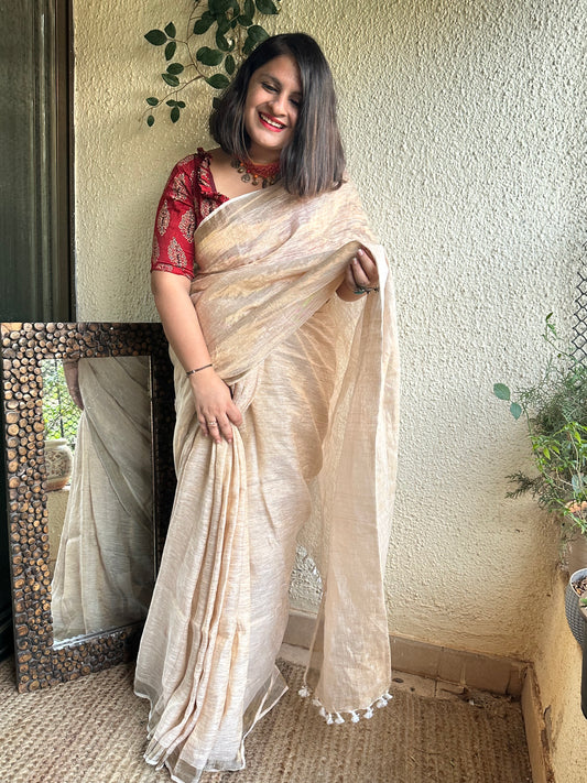 GOLDEN METALLIC LINEN SARI WITH WOVEN BORDER & TASSELS ML-60